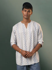 Men's Multicolor Base White Cotton Short Kurta