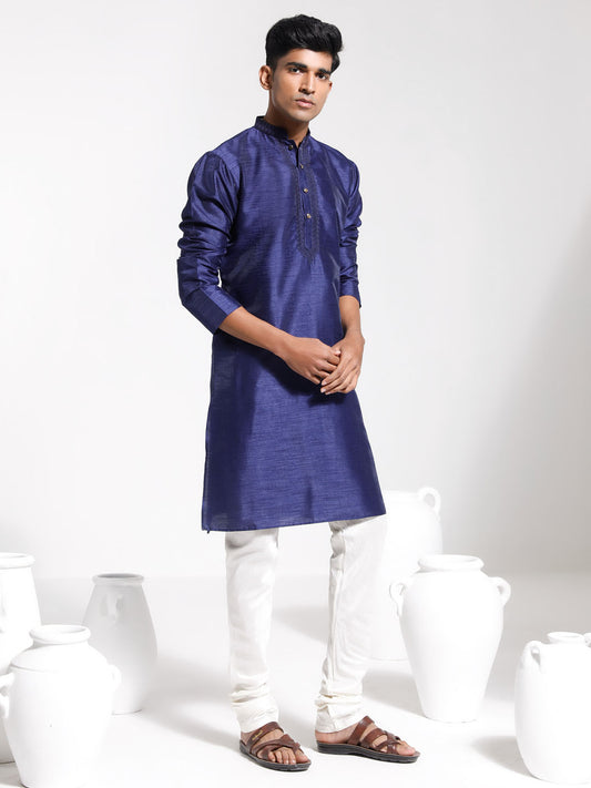 Men's Navy Blue And Cream Dupion Silk Kurta Pyjama Set