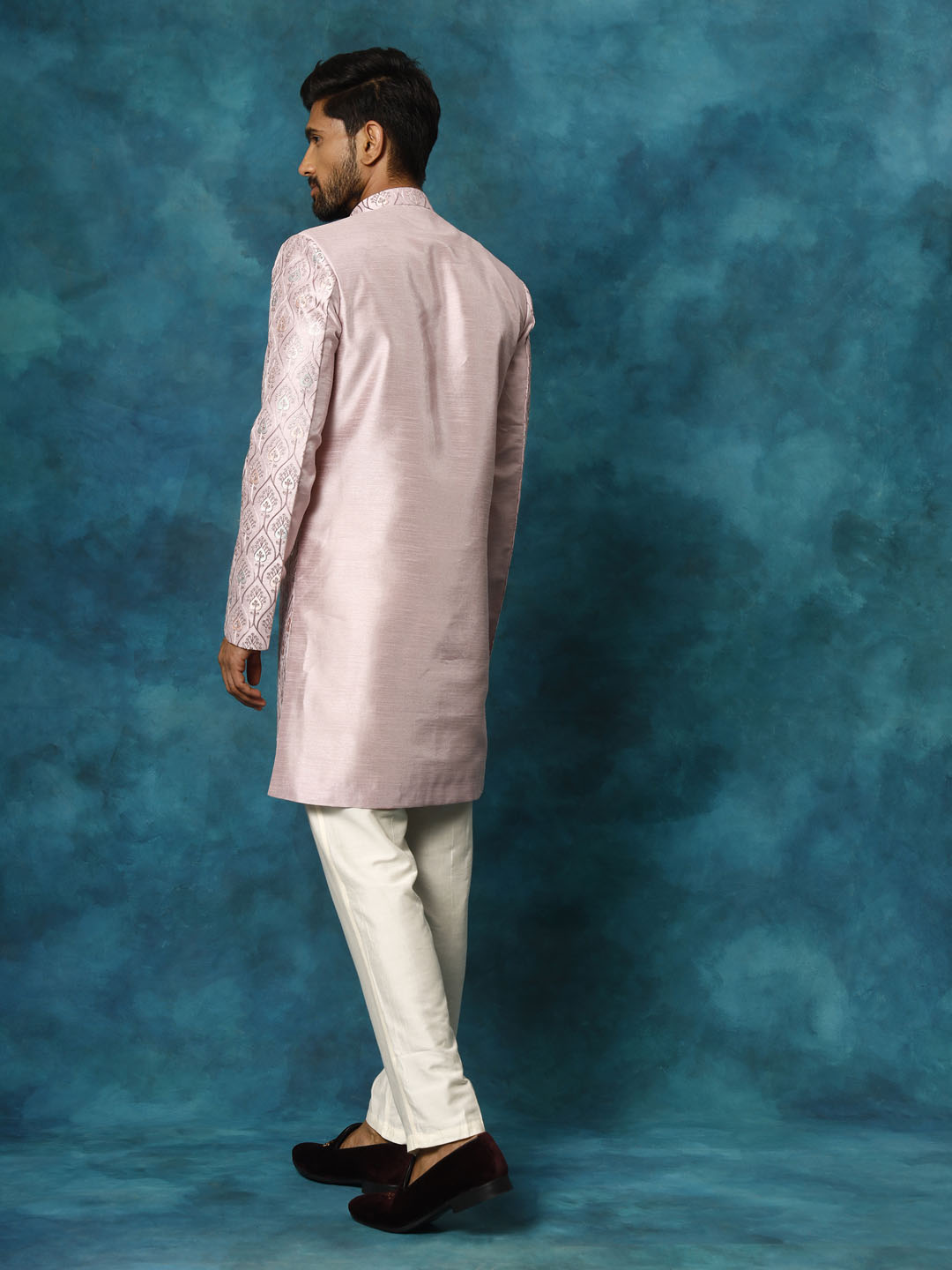 Men's Purple And Cream Silk Blend Sherwani Set