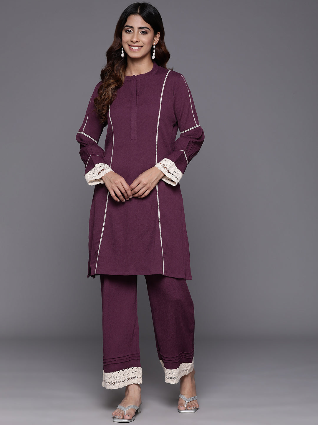 Women Violet Cotton Lace Detailed Co-Ord Set