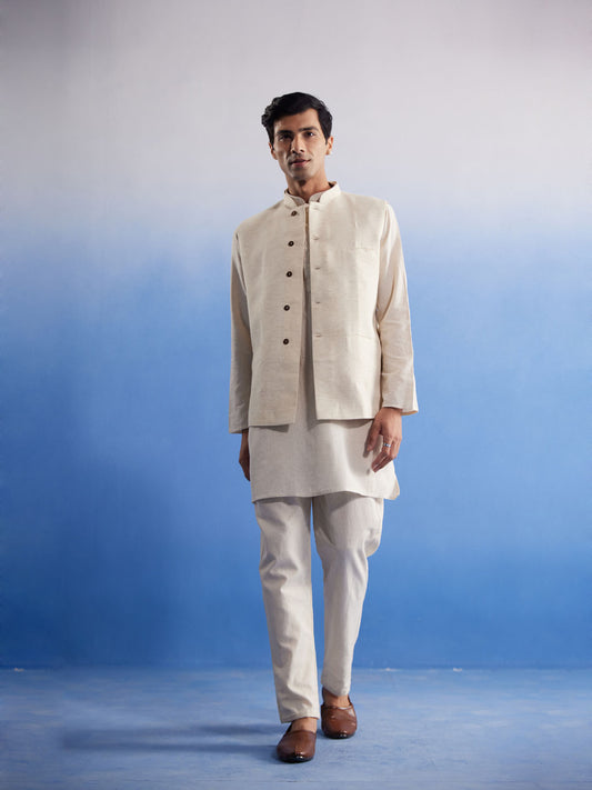 Men's Cream Cotton Jacket, Kurta and Pyjama Set