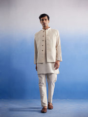 Men's Cream Cotton Jacket, Kurta and Pyjama Set