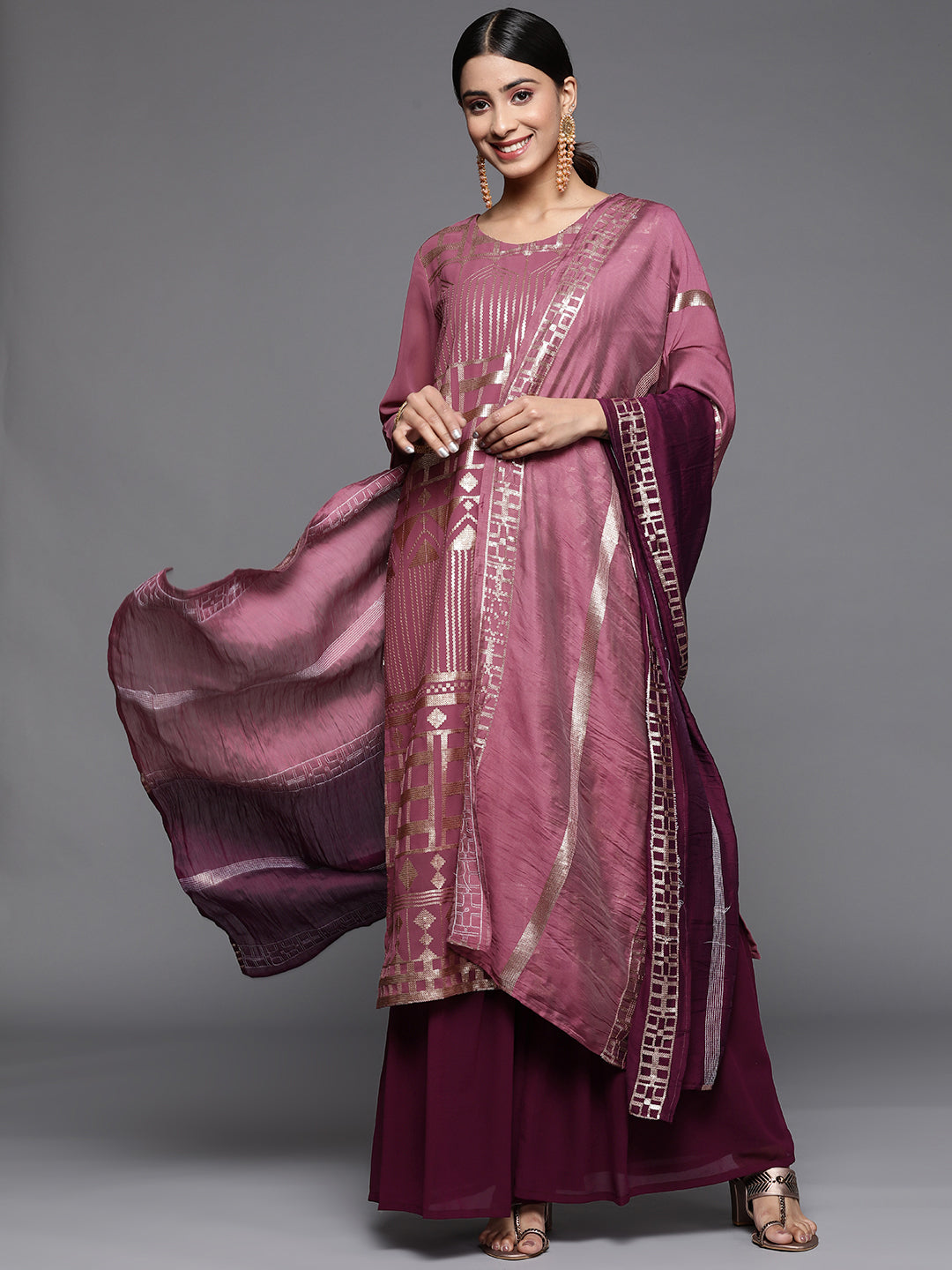 Women Burgundy Embroidered Kurta Paired With Dupatta And Sharara