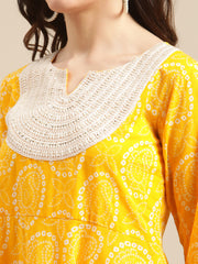 Women Mustard And White Bandhej Printed Flared Kurta Sharara Set With Net Embroidered Dupatta.