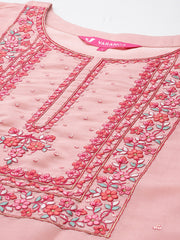 Women Peach Embroidered Straight Kurta Paired With Tonal Bottom And Organza Embroidered Dupatta