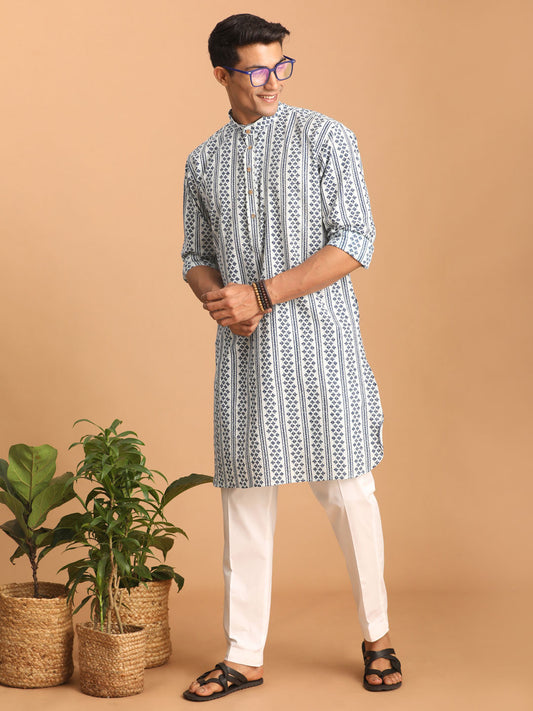 Men's White And Blue Cotton Kurta Pyjama Set