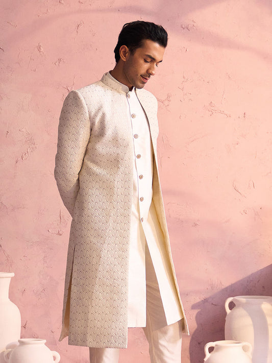 Men's Cream Silk Blend Sherwani Only Top