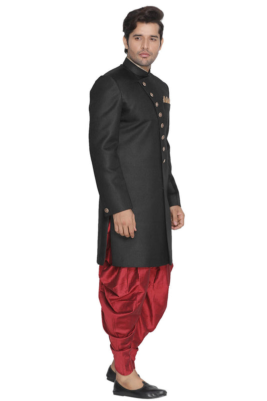 Men's Black Polyester Lurex Blend Sherwani Set