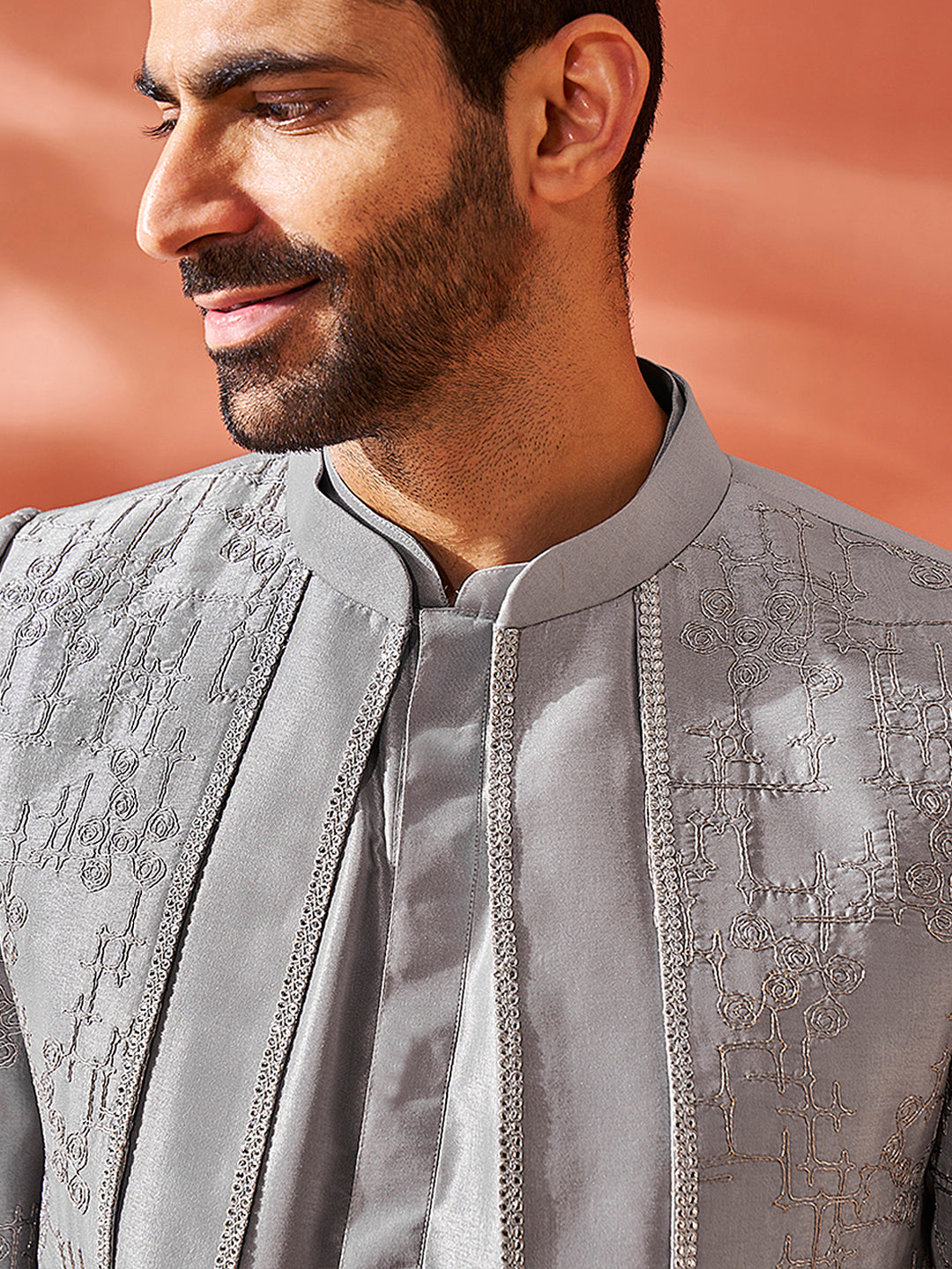 Men's Silver Silk Blend Sherwani Only Top