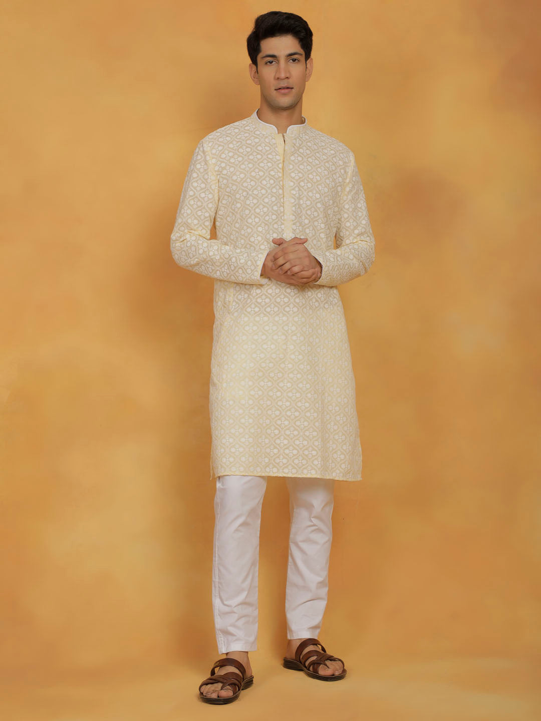 Men's Yellow And White Cotton Kurta And Pyjama Set