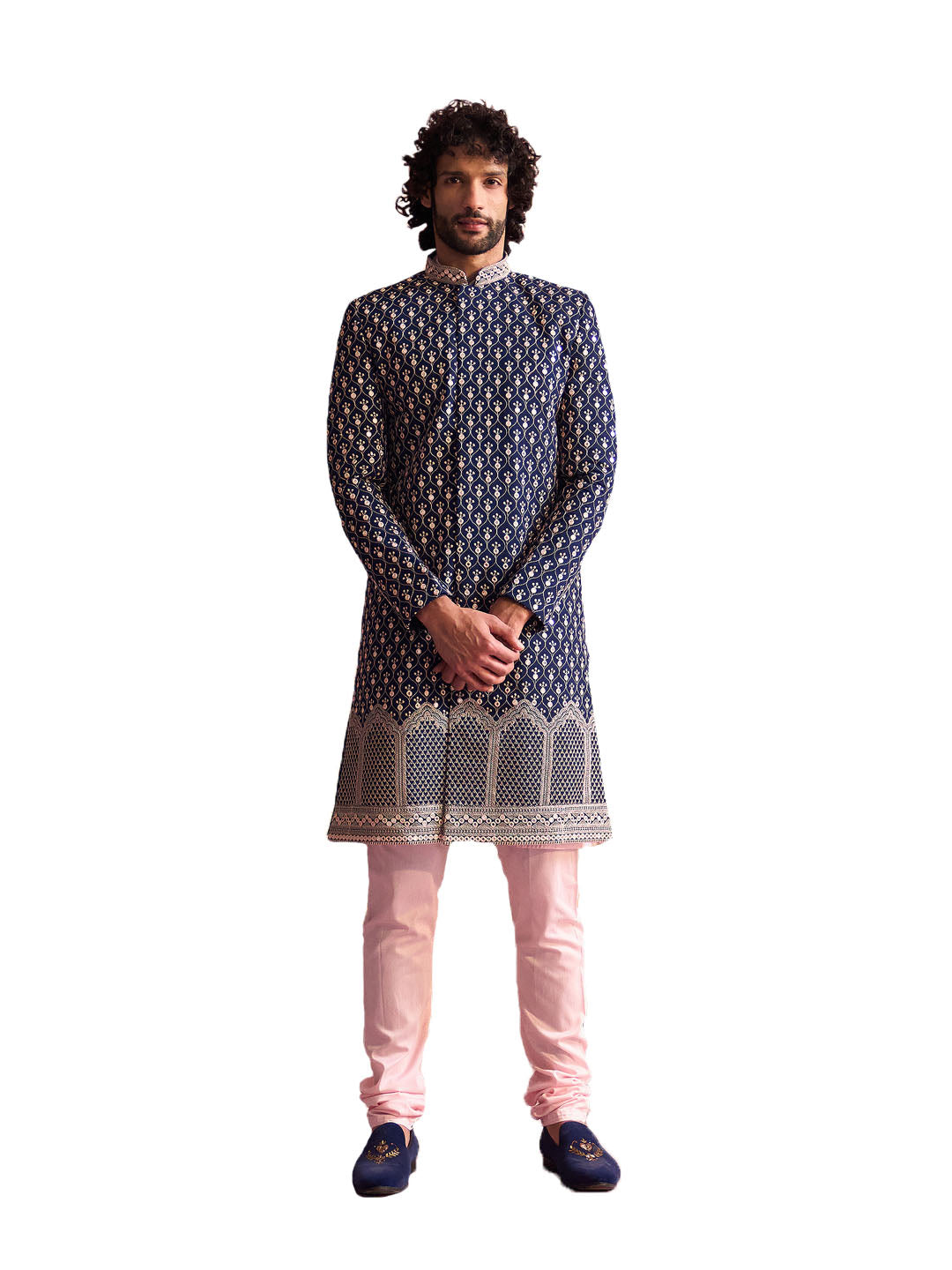 Men's Navy Blue And Pink Viscose Sherwani Set