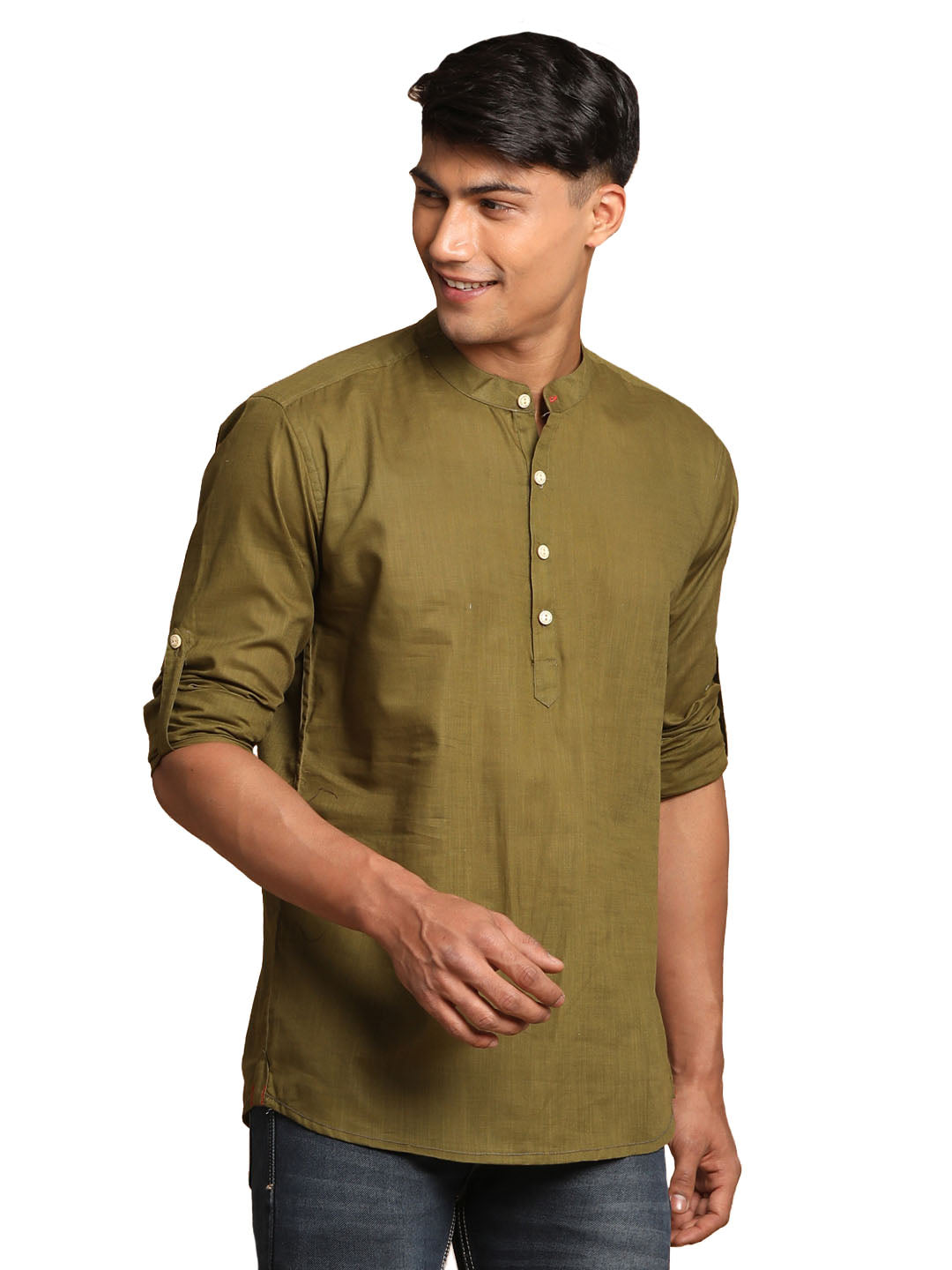 Men's Dark Green Cotton Blend Short Kurta