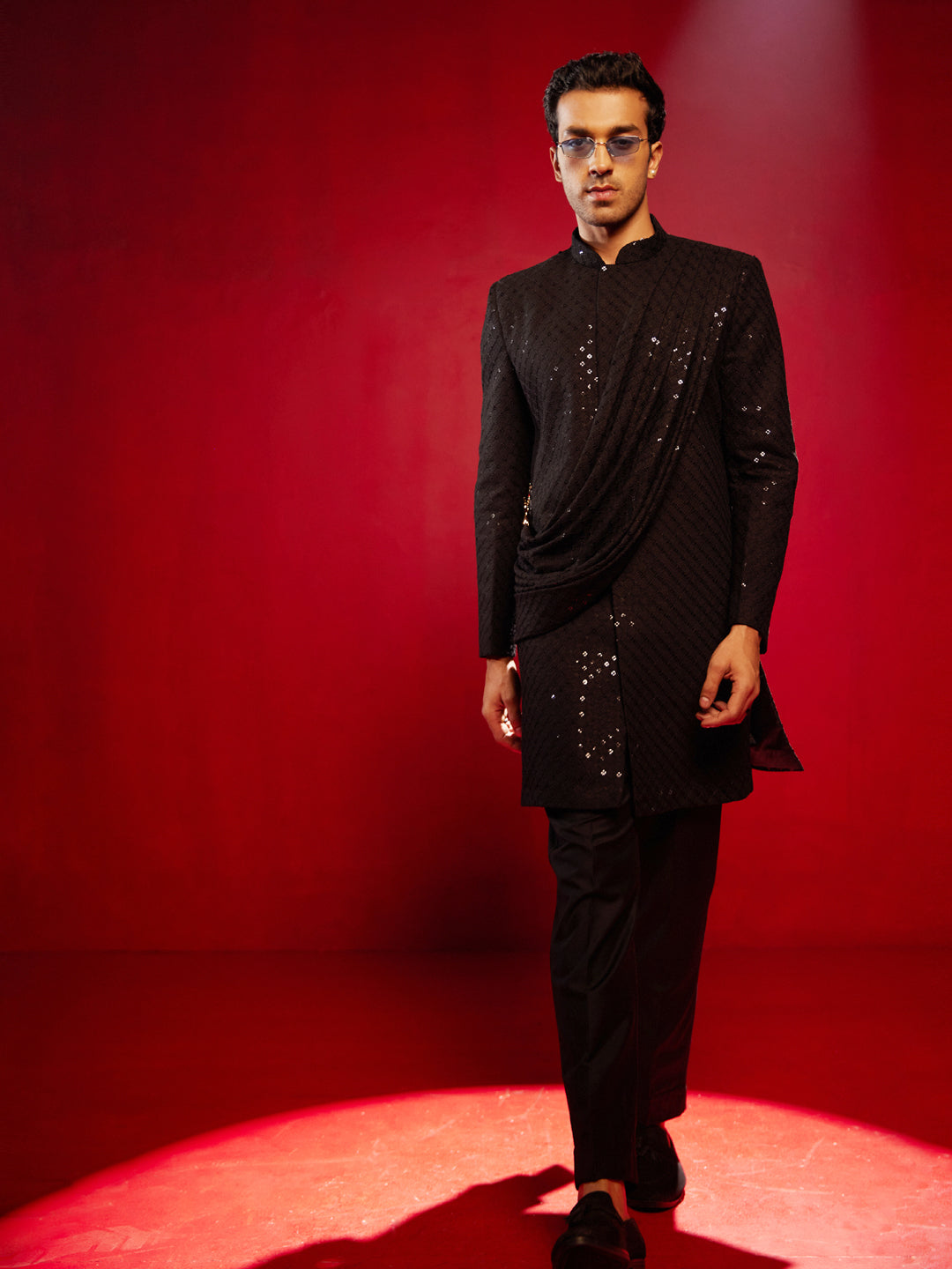 Men's Black Silk Blend Sherwani Only Top