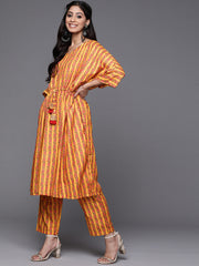 Mustard And Pink Floral Printed V Neck Kaftan Trouser Set