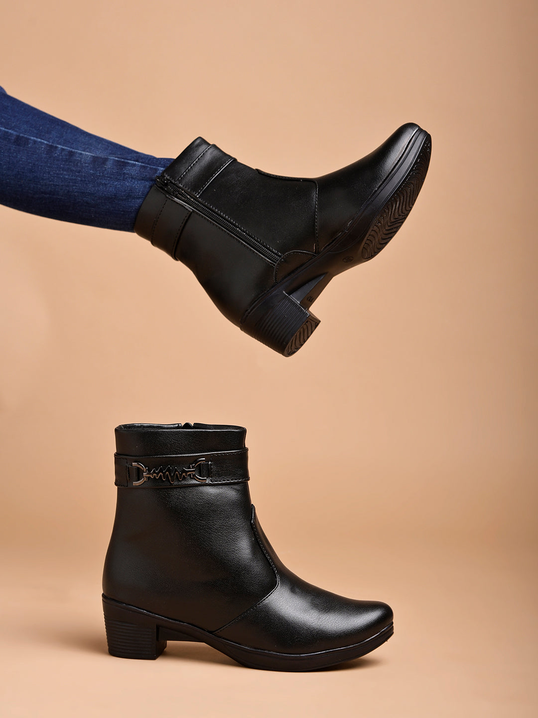 Shoetopia Smart Casual Side Buckle Detailed Black Boots For Women & Girls