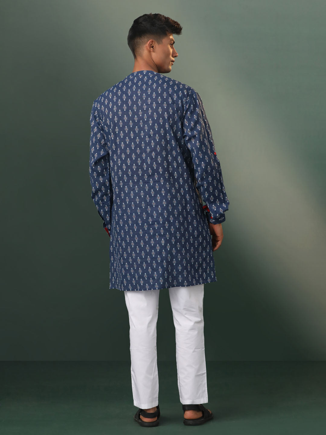 Men's Navy Blue And White Cotton Kurta Pyjama Set