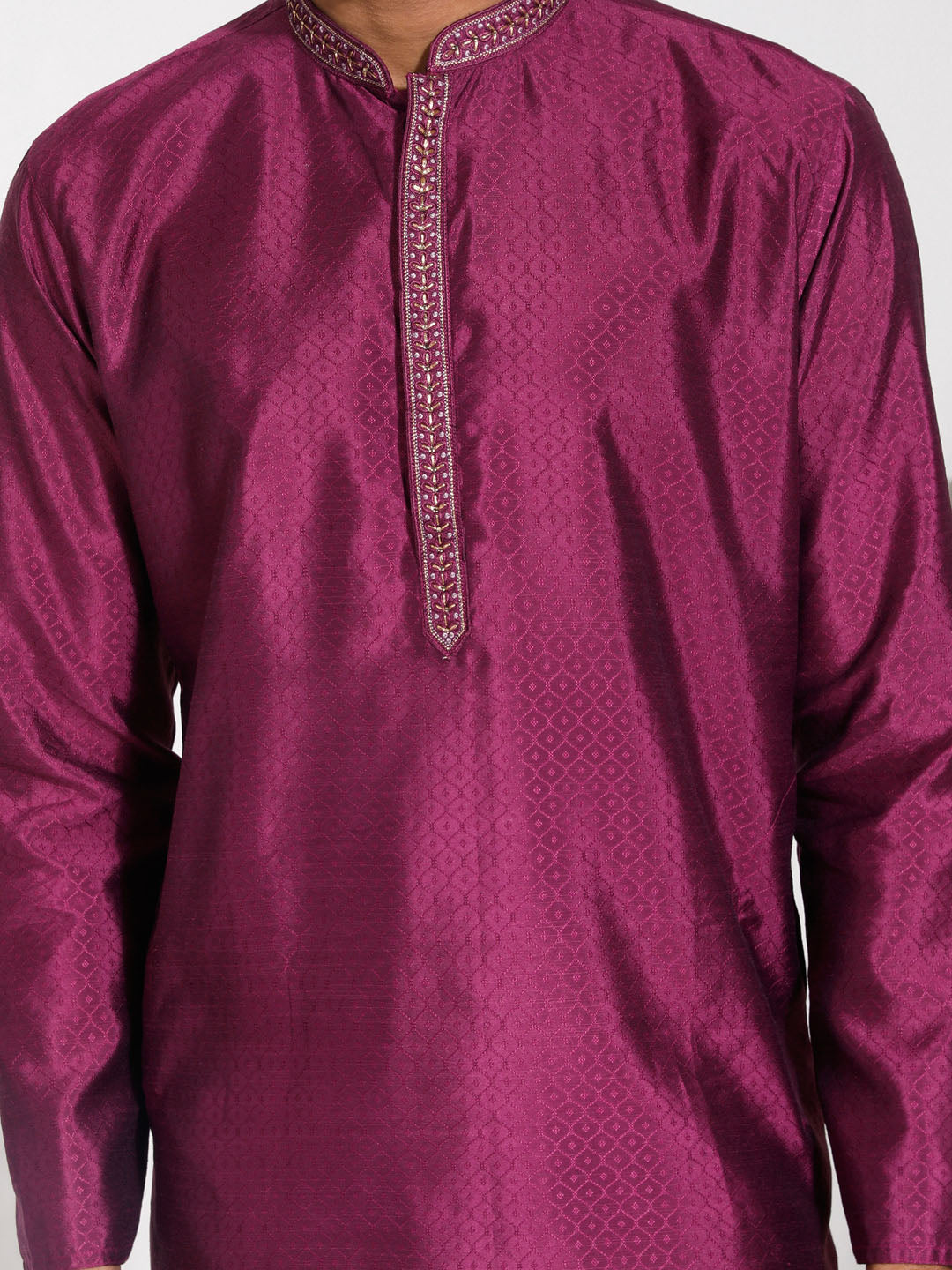 Men's Purple And Cream Silk Blend Kurta Pyjama Set