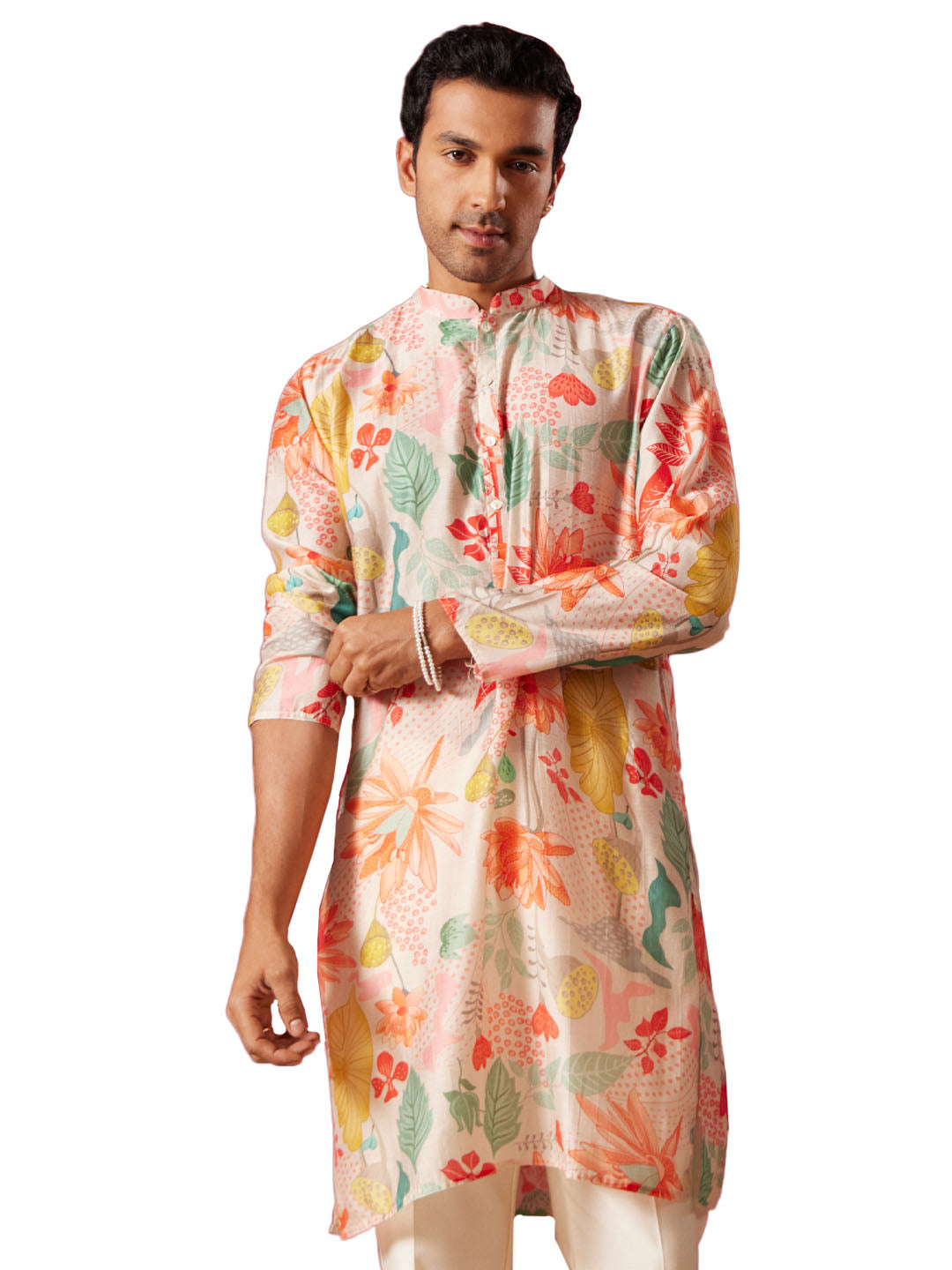 Men's Multi color Base Pink Cotton blend Kurta