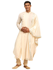 Men's Cream Viscose Blend Kurta Pyjama Set With Dupatta