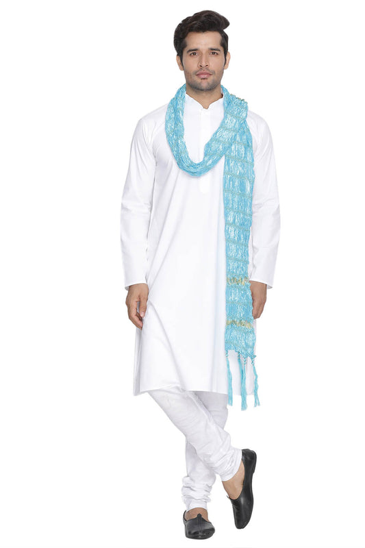 Men's White Cotton Blend Kurta, Pyjama & Dupatta Set