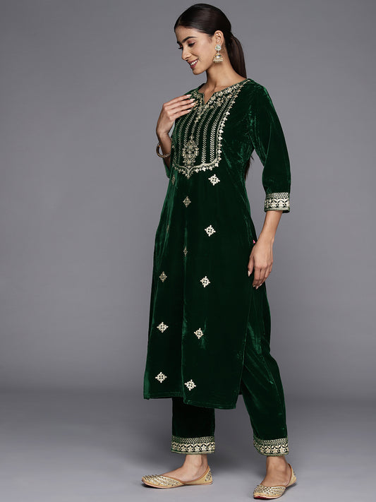 Women Green Velvet Round Neck Yoke Embroidered Straight Kurta Paired With Tonal Bottom And Embroidered Dupatta With Four Sided Fringes