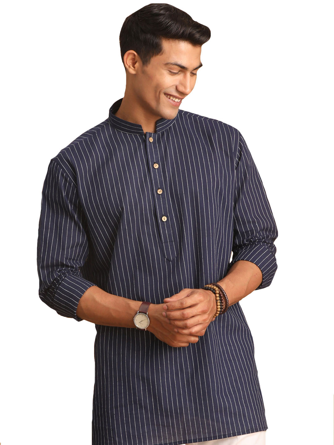 Men's Navy Blue Cotton Short Kurta