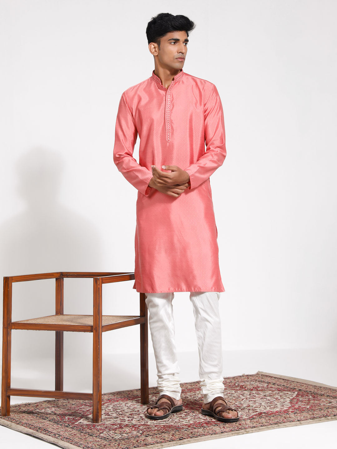 Men's Pink And Cream Silk Blend Kurta Pyjama Set