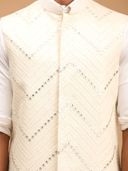 Men's Cream Mirror Work Nehru Jacket