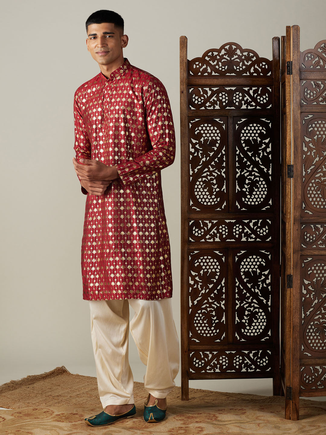 Men's Maroon Viscose Kurta