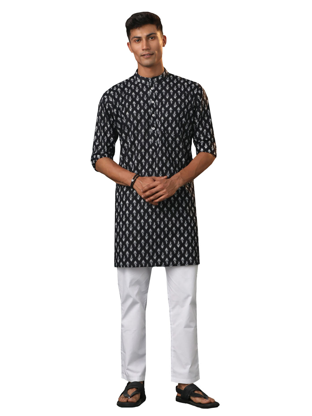 Men's Black And White Cotton Kurta