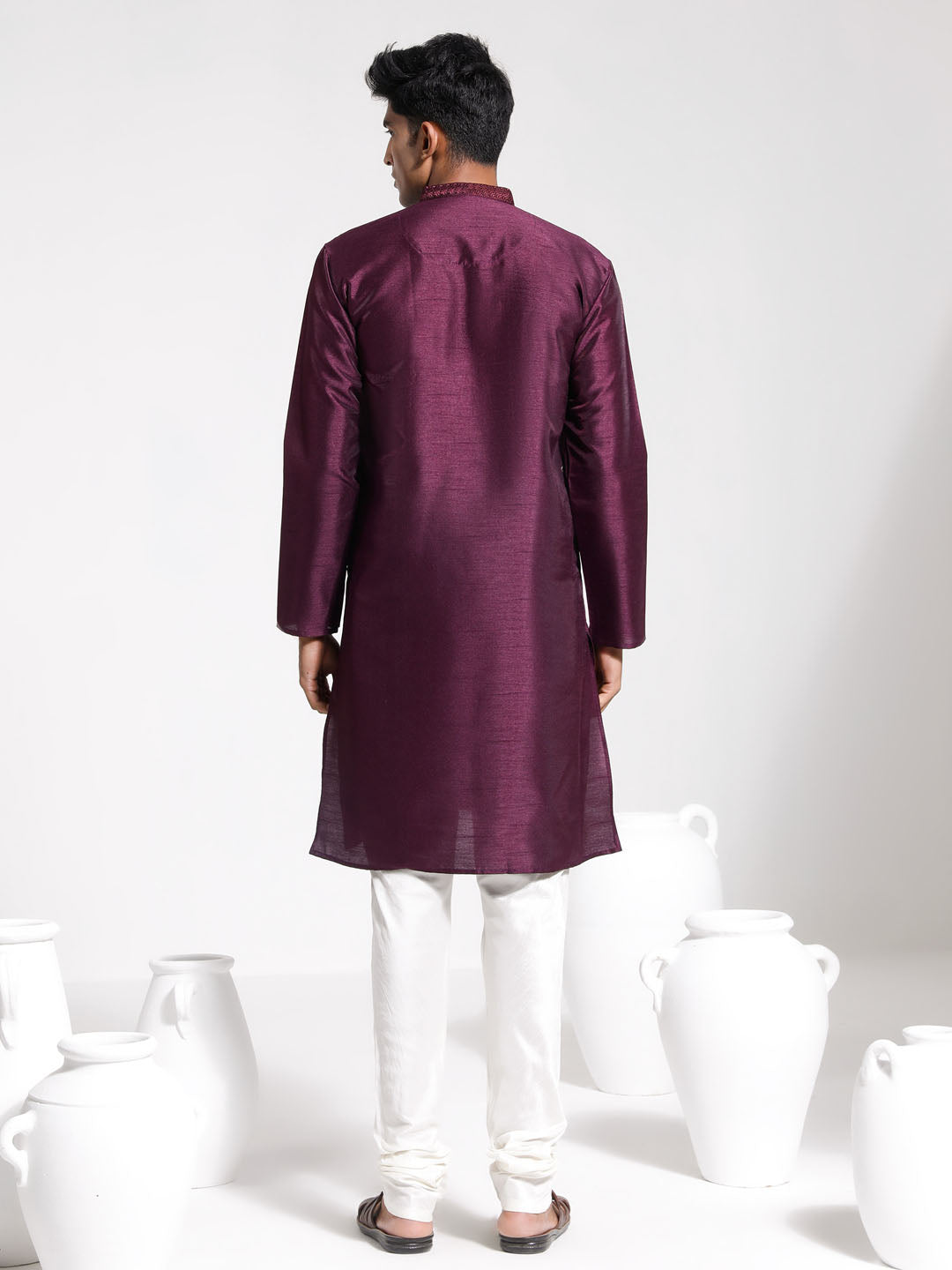 Men's Wine And Cream Dupion Silk Kurta Pyjama Set