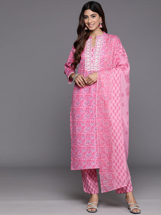 Women Pink Floral Printed Kurta Paired With Bottom & Dupatta