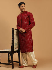 Men's Maroon And Cream Georgette Kurta and Patiala Set