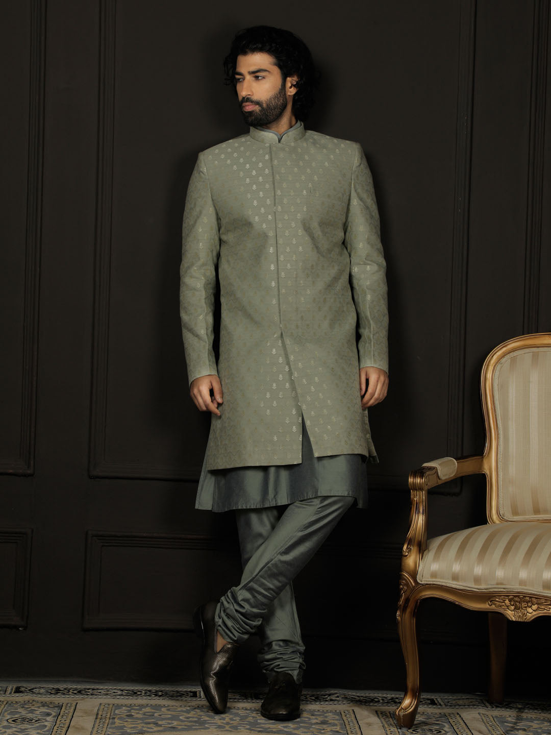 Men's Green And Olive Green Viscose Sherwani Set