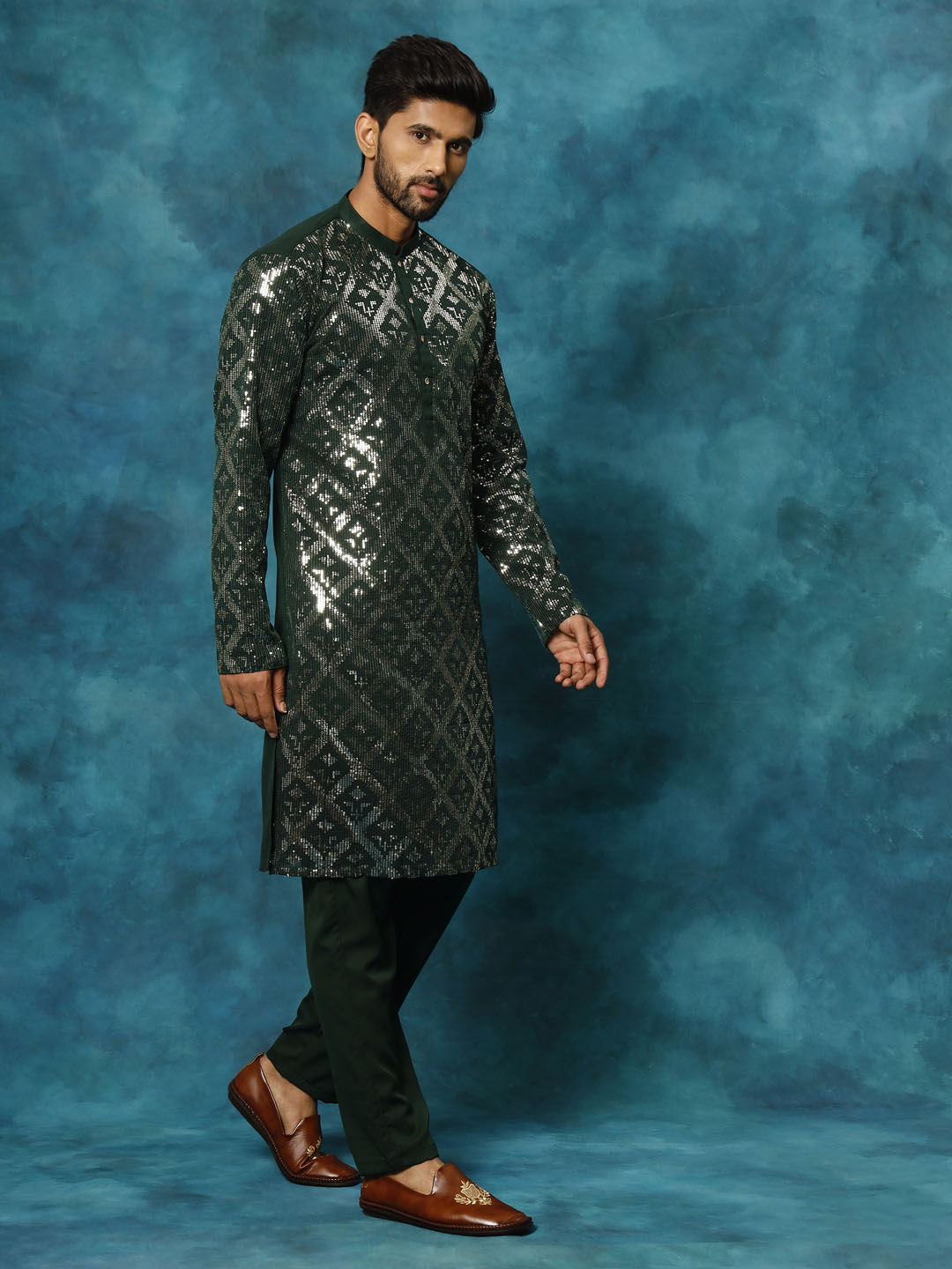 Men's Green Georgette Kurta Pyjama Set