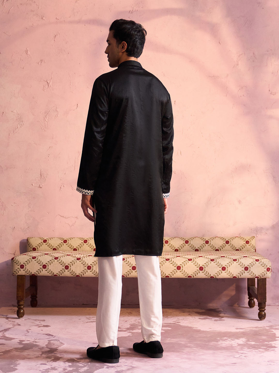 Men's Black And Cream Moonga Silk Kurta, Pyjama & Dupatta Set