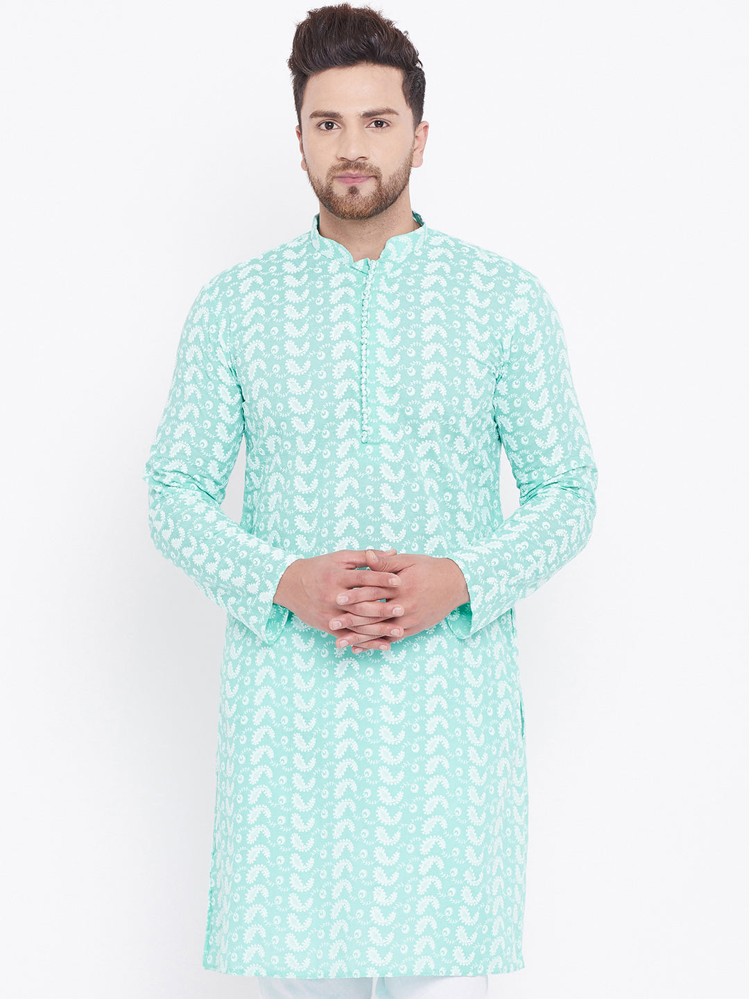 Men's Green and White Cotton Kurta