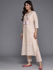 Women Beige Thread And Sequins Embroidered Kurta With Tonal Bottom And Dupatta