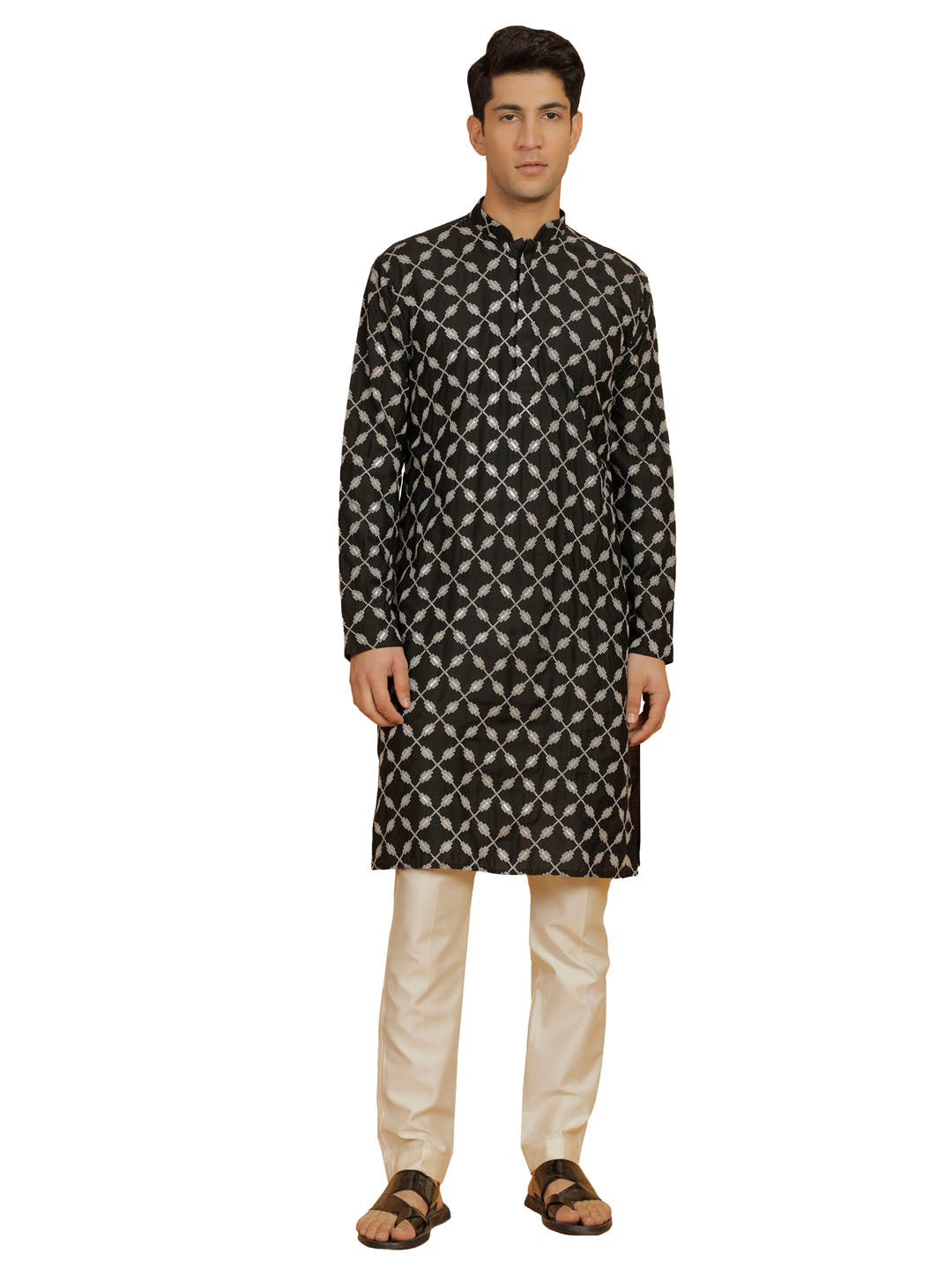 Men's Black And Cream Cotton Blend Kurta And Pyjama Set