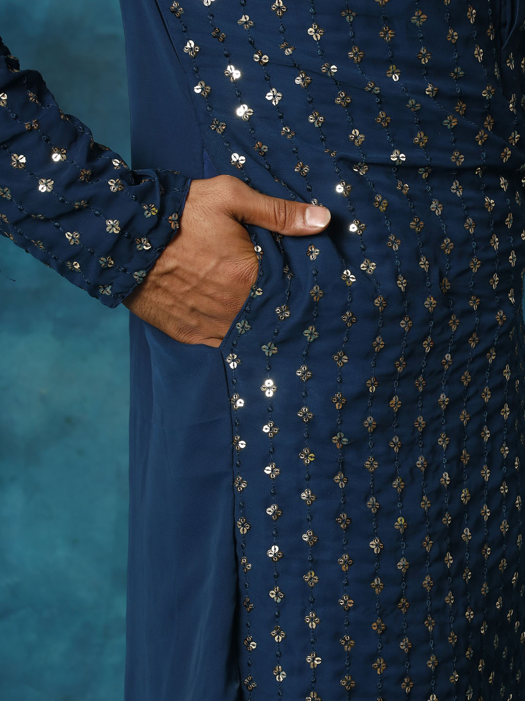 Men's Navy Blue Georgette Kurta