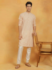 Men's Peach And Cream Viscose Kurta And Pyjama Set