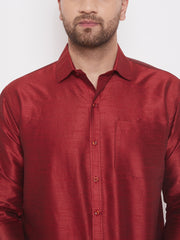 Men's Maroon and White Silk Blend Shirt And Mundu