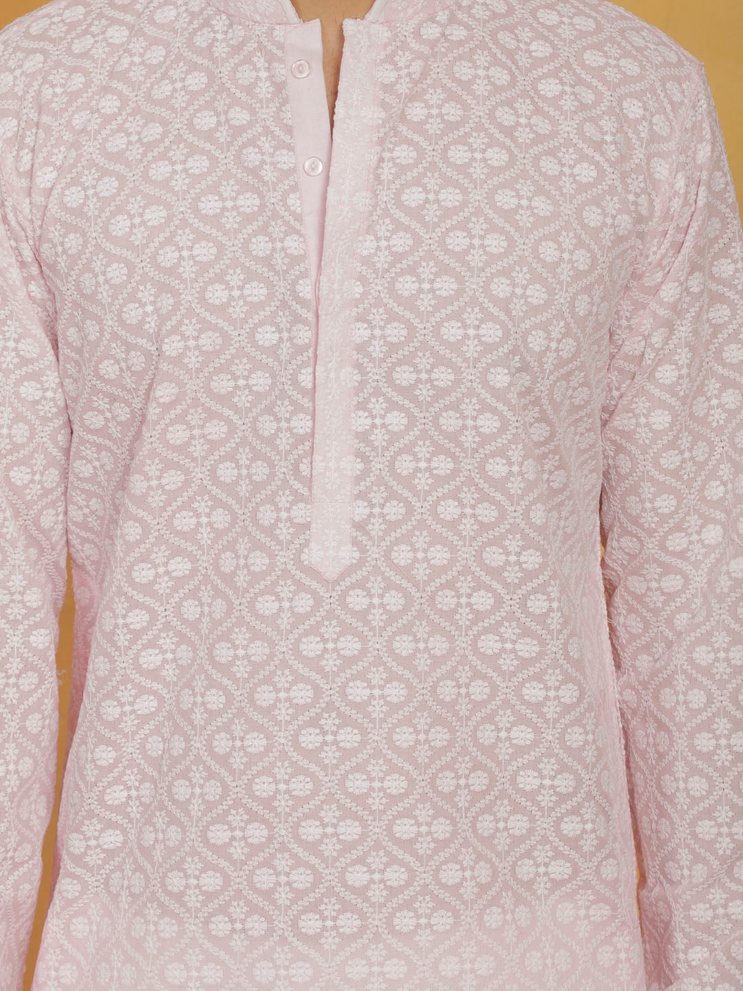 Men's Pink And White Cotton Kurta And Pyjama Set