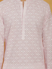 Men's Pink And White Cotton Kurta And Pyjama Set