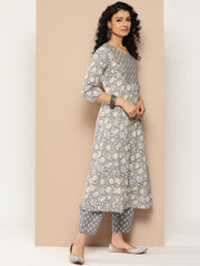 Women Grey Floral Printed Anarkali Kurta Paired With Printed  Bottom And Solid Chiffon Dupatta