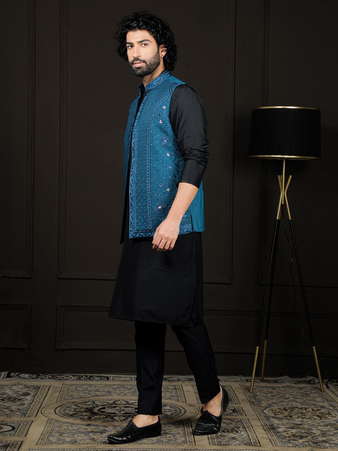 Men's Black And Turquoise Viscose Jacket, Kurta and Pyjama Set