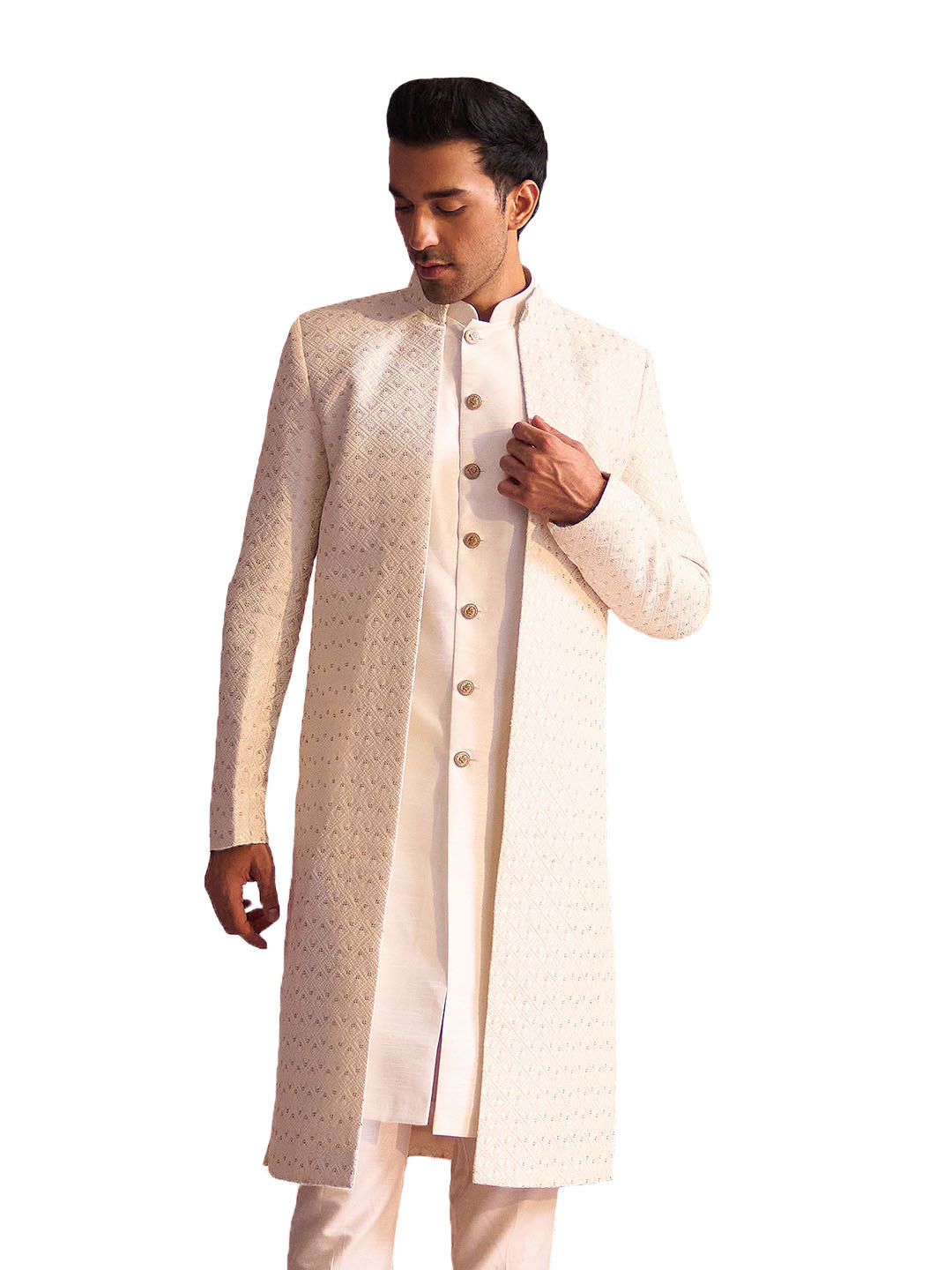 Men's Cream Silk Blend Sherwani Only Top