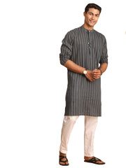 Men's Grey And White Cotton Kurta Pyjama Set