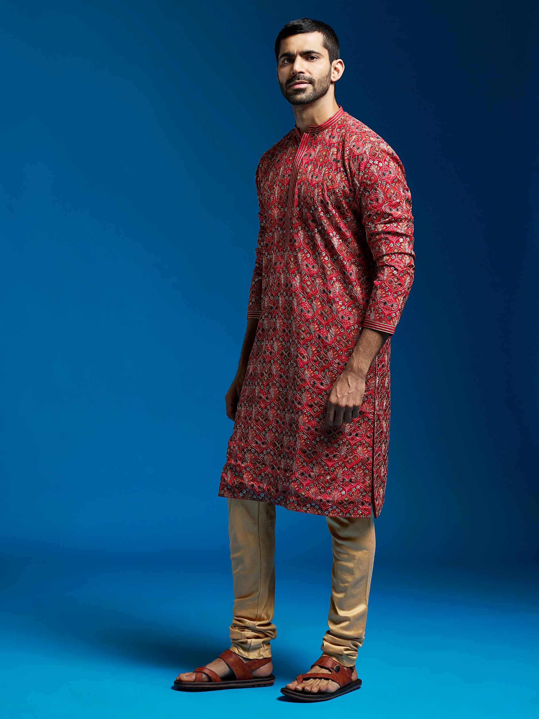 Men's Red Chinon Kurta And Pyjama Set.