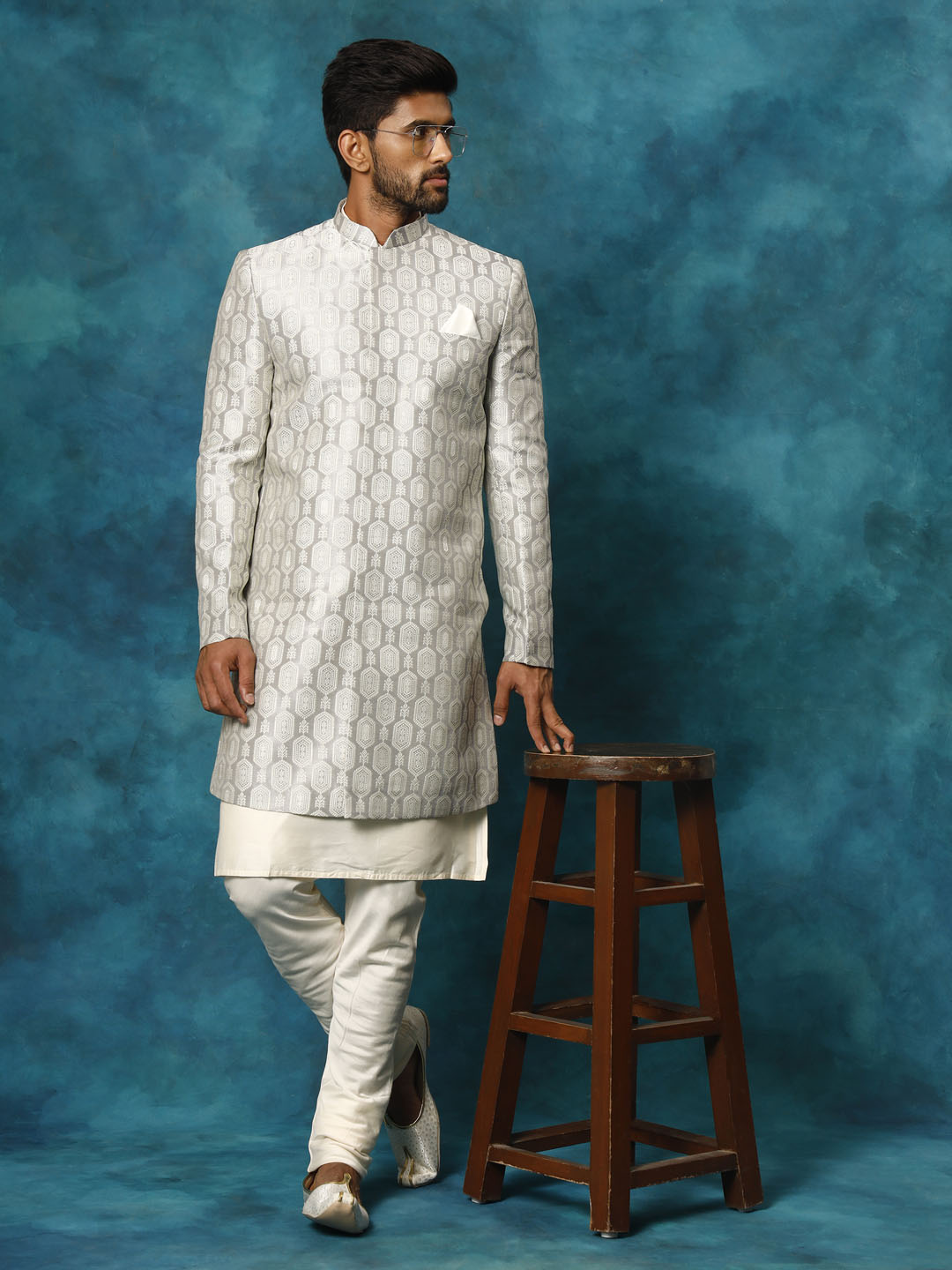 Men's Grey Silk Blend Sherwani Only Top